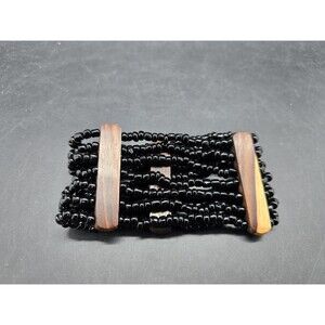Vintage 7 Strand Bracelet Black Bead Seed With 3 Wood Tones Stretchy